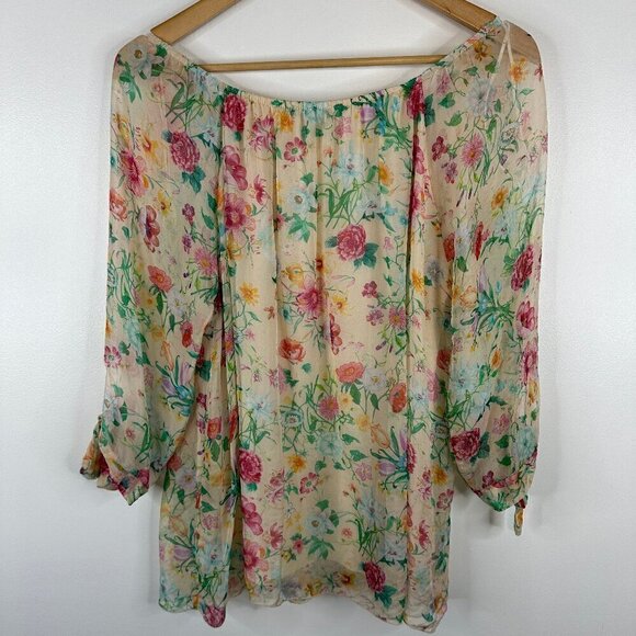 Angela Moda  Made In Italy  100% Silk  Flowy Elbow Sleeve Floral Blouse  M - Picture 4 of 4